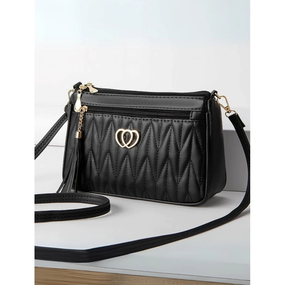 PU Leather Zipper Sling Bag (Black)
