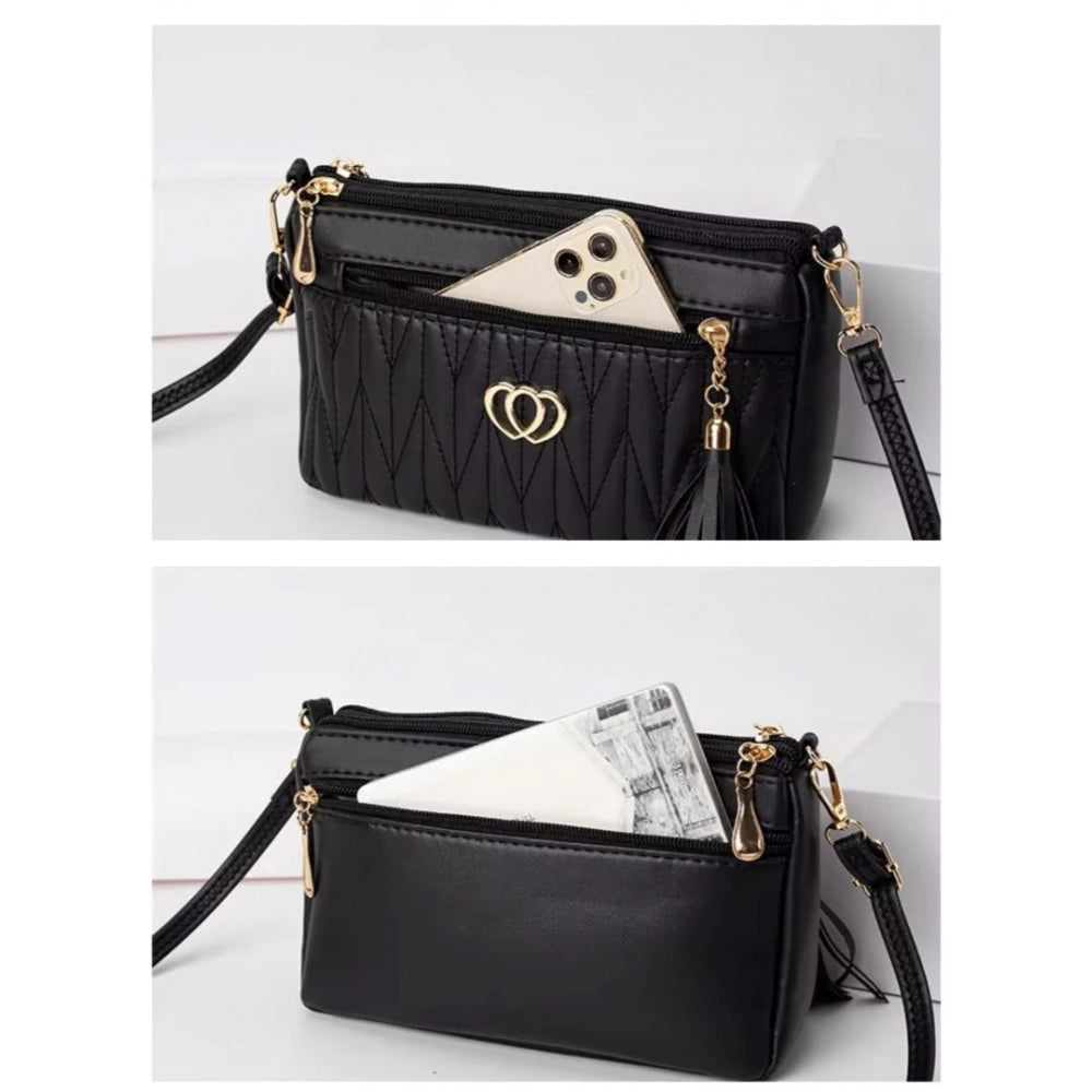 PU Leather Zipper Sling Bag (Black)