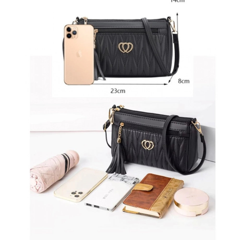 PU Leather Zipper Sling Bag (Black)