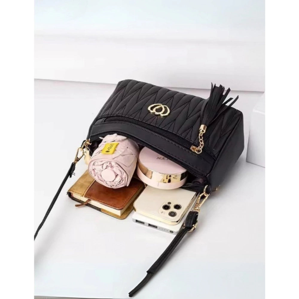 PU Leather Zipper Sling Bag (Black)