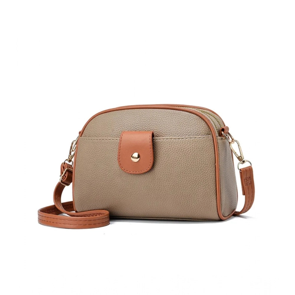 PU Leather Zipper Sling Bag (Khakhi)