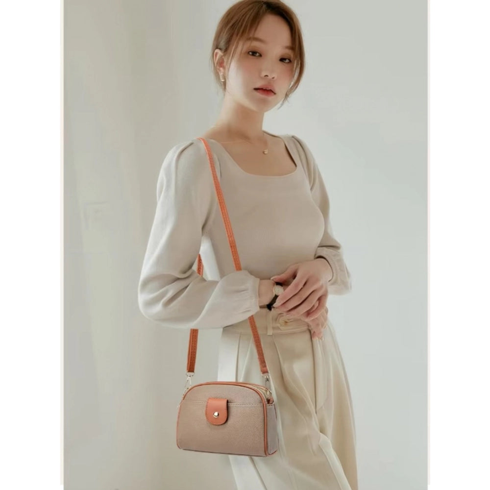 PU Leather Zipper Sling Bag (Khakhi)