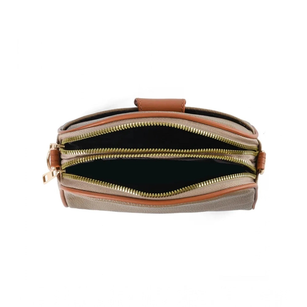 PU Leather Zipper Sling Bag (Khakhi)