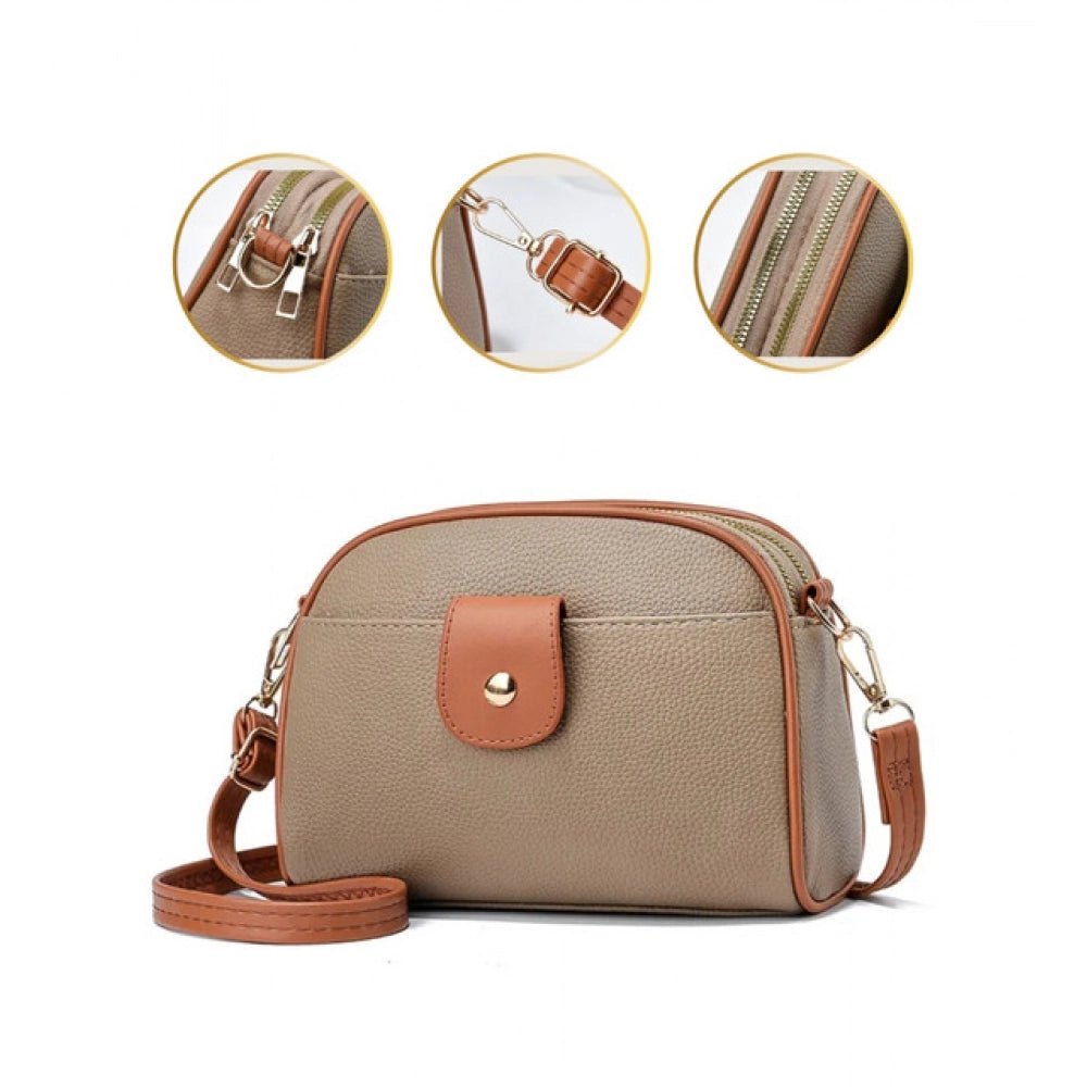 PU Leather Zipper Sling Bag (Khakhi)