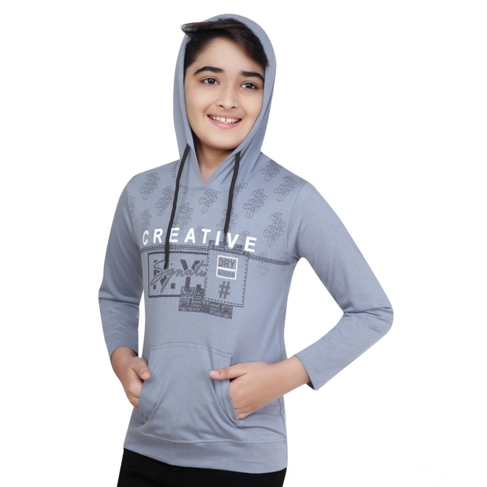 Boy's Cotton Printeded Hooded Neck Hoodies (Steel Blue)