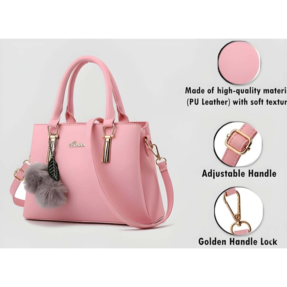 PU Leather Solid Shoulder Zipper Handbag (Pink)