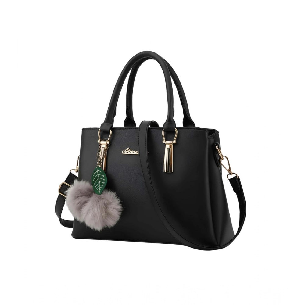 PU Leather Solid Shoulder Zipper Handbag (Black)