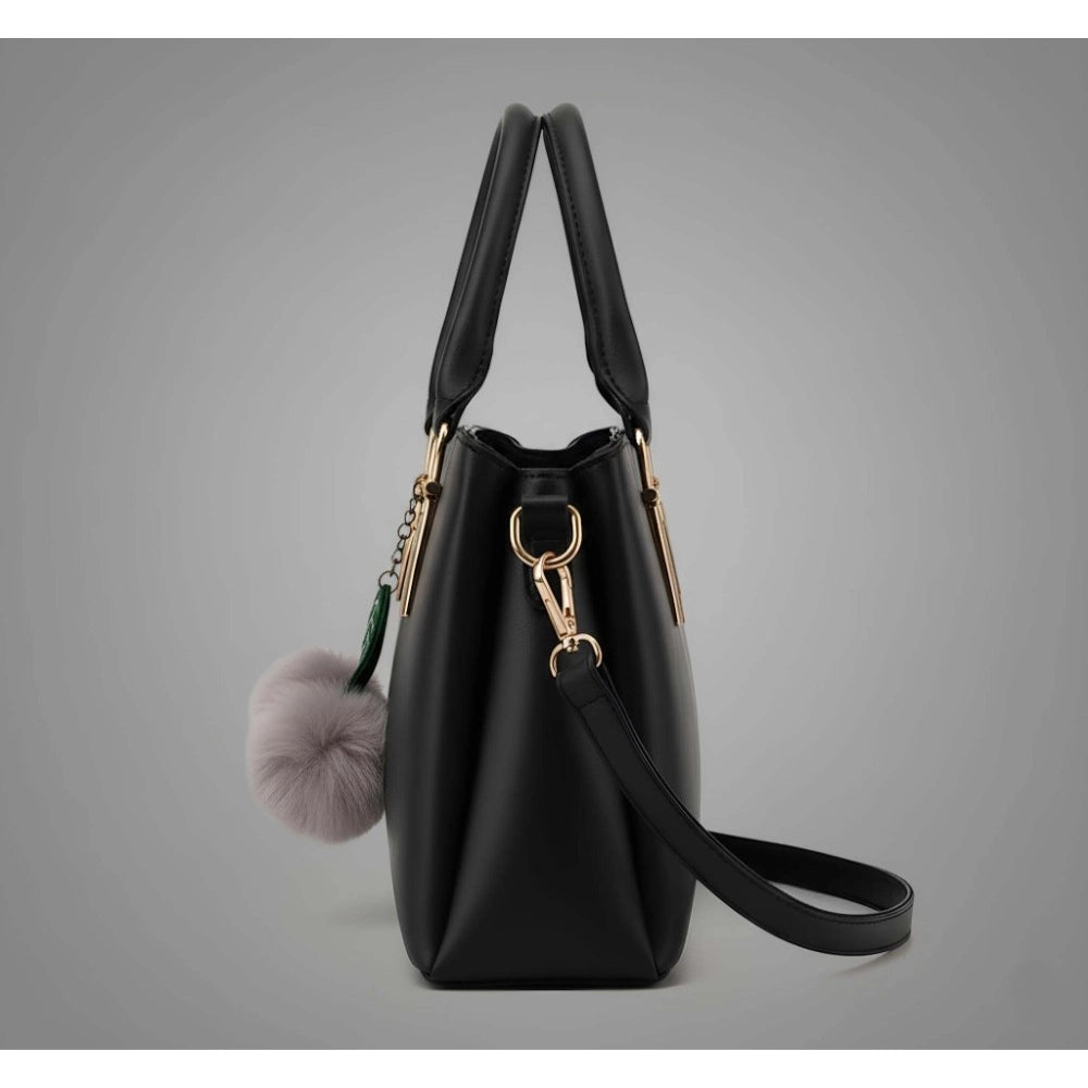 PU Leather Solid Shoulder Zipper Handbag (Black)