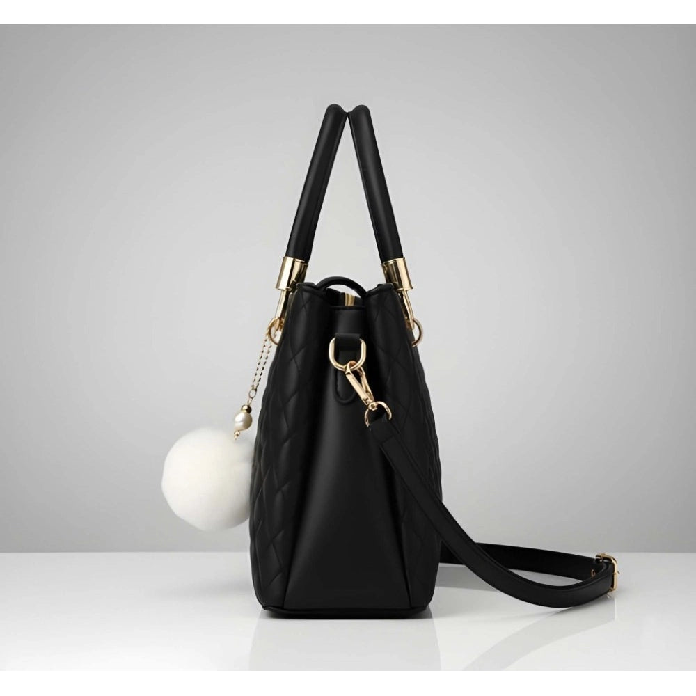 PU Leather Solid Shoulder Zipper Handbag (Black)