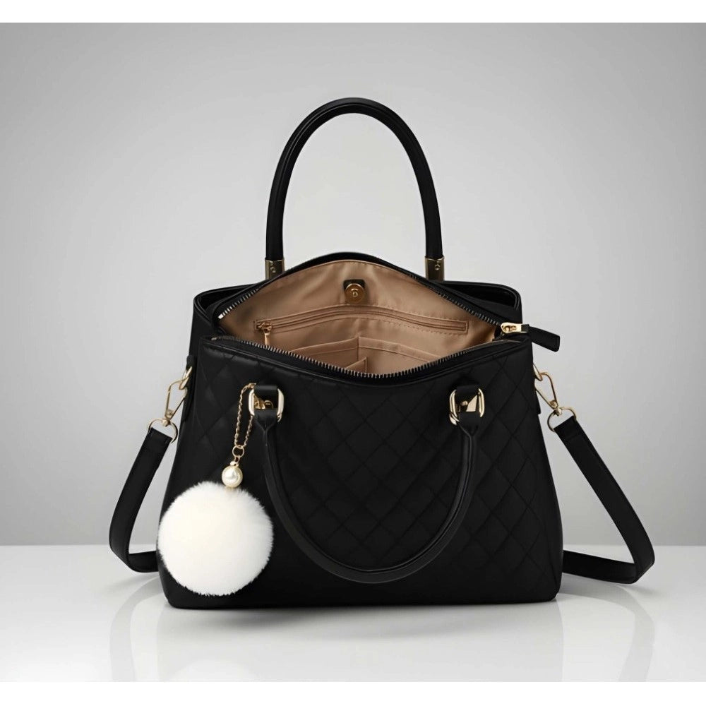 PU Leather Solid Shoulder Zipper Handbag (Black)