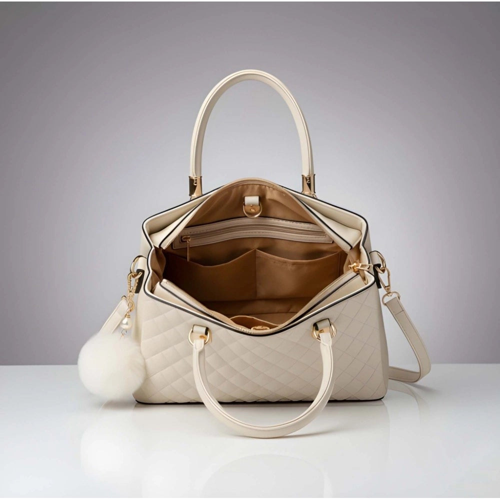 PU Leather Solid Shoulder Zipper Handbag (Cream)