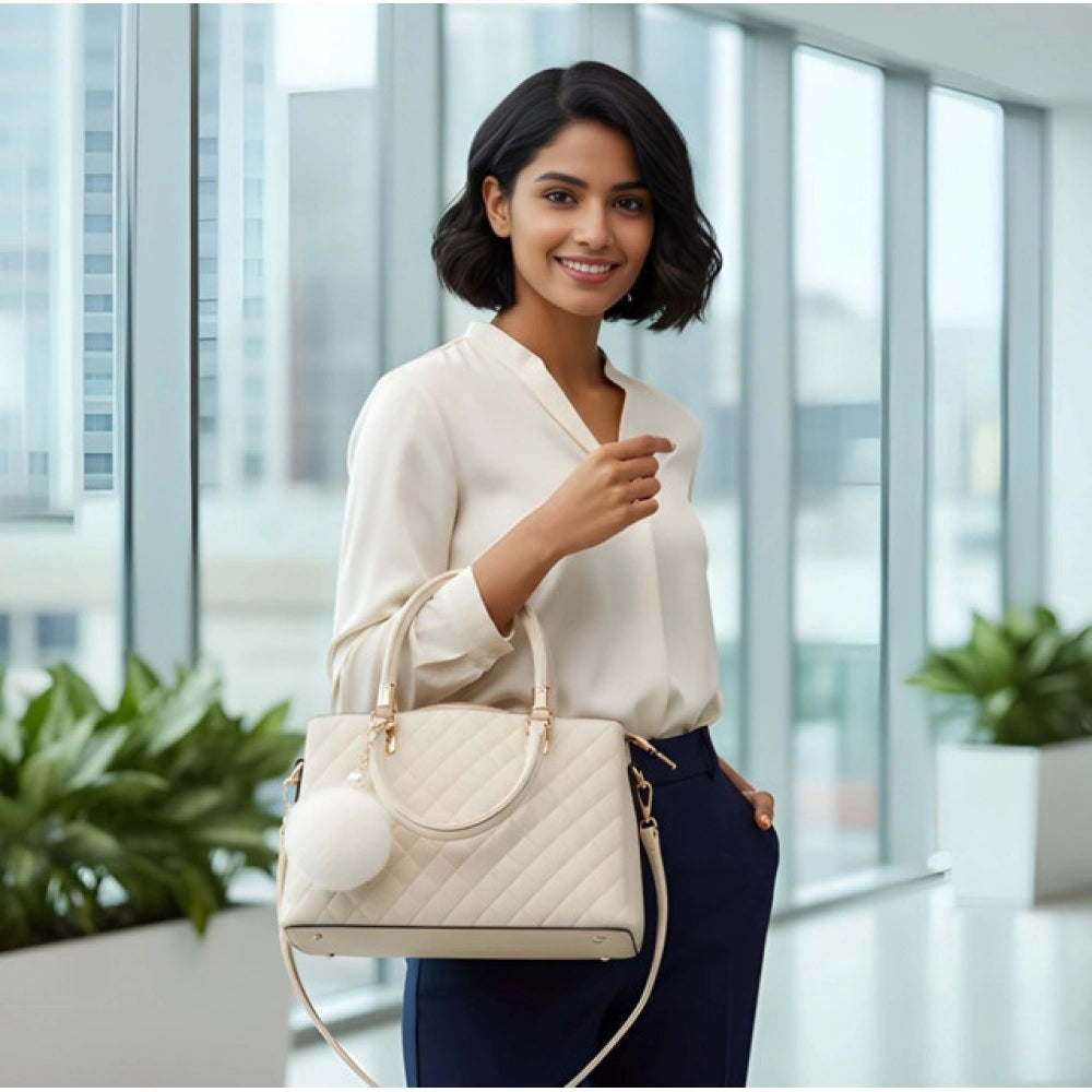 PU Leather Solid Shoulder Zipper Handbag (Cream)