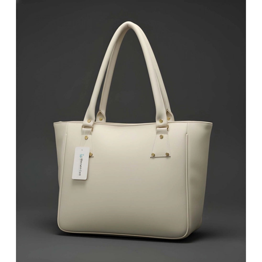 PU Leather Solid Shoulder Zipper Handbag (Cream)
