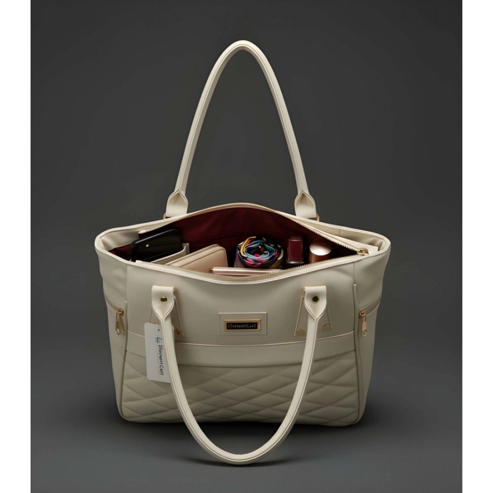 PU Leather Solid Shoulder Zipper Handbag (Cream)