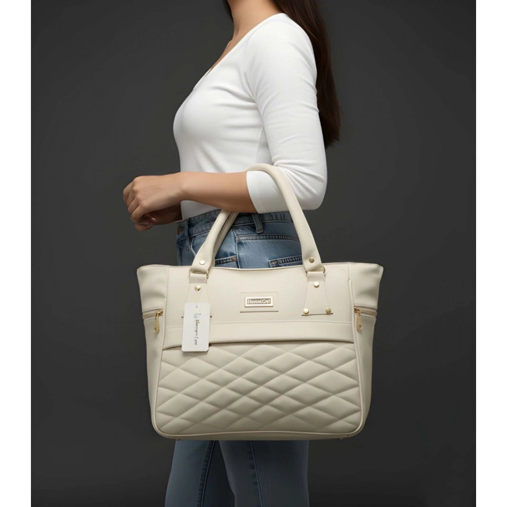 PU Leather Solid Shoulder Zipper Handbag (Cream)