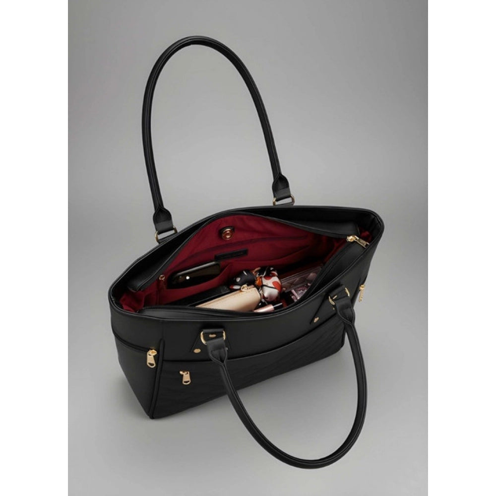 PU Leather Solid Shoulder Zipper Handbag (Black)
