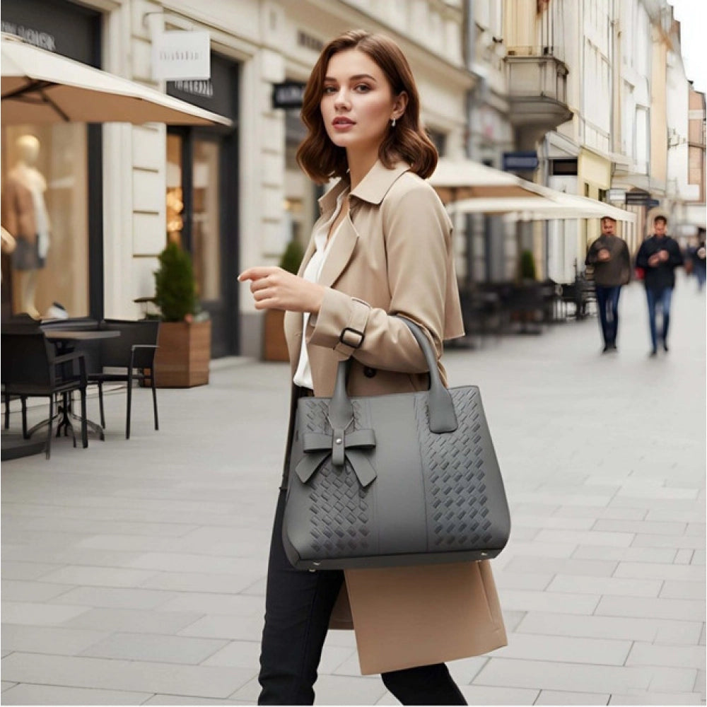 PU Leather Solid Shoulder Zipper Handbag (Grey)