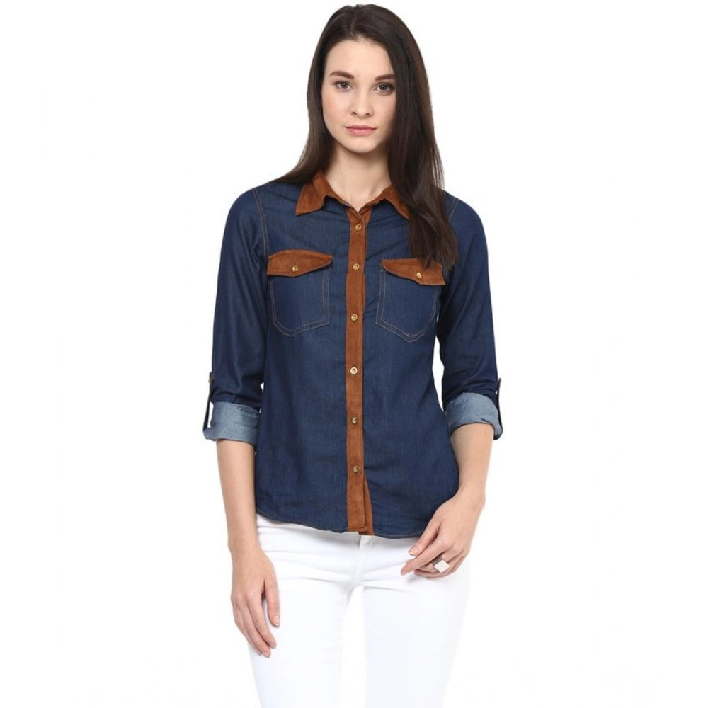 Denim Cotton based Solid Long Sleeves Shirt (Blue)