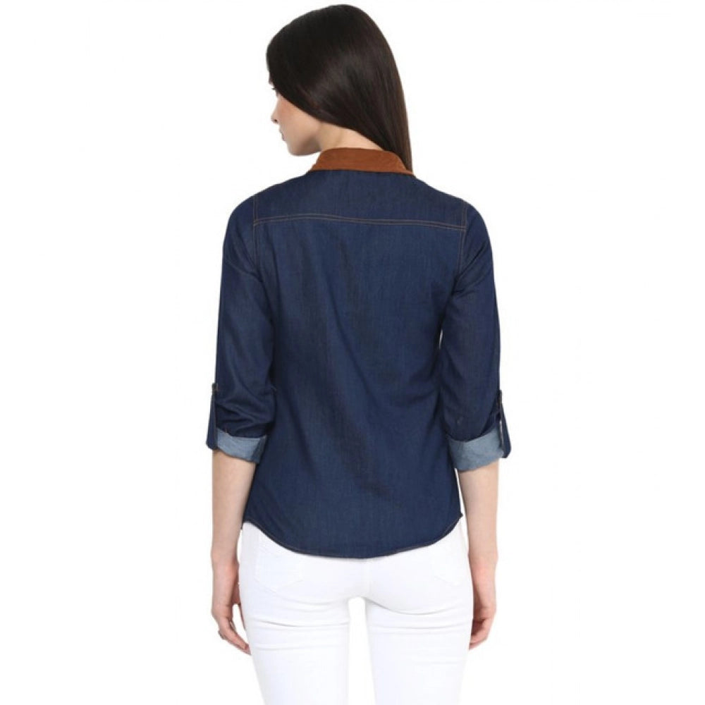 Denim Cotton based Solid Long Sleeves Shirt (Blue)