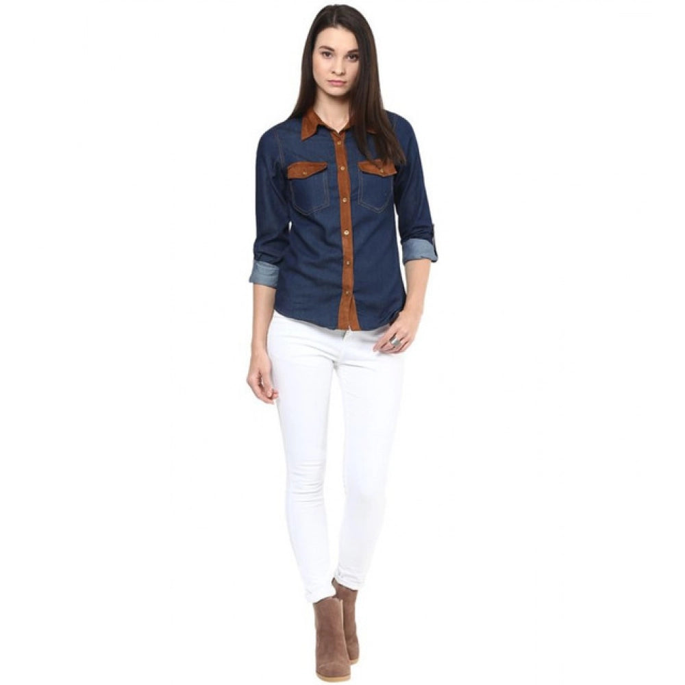 Denim Cotton based Solid Long Sleeves Shirt (Blue)