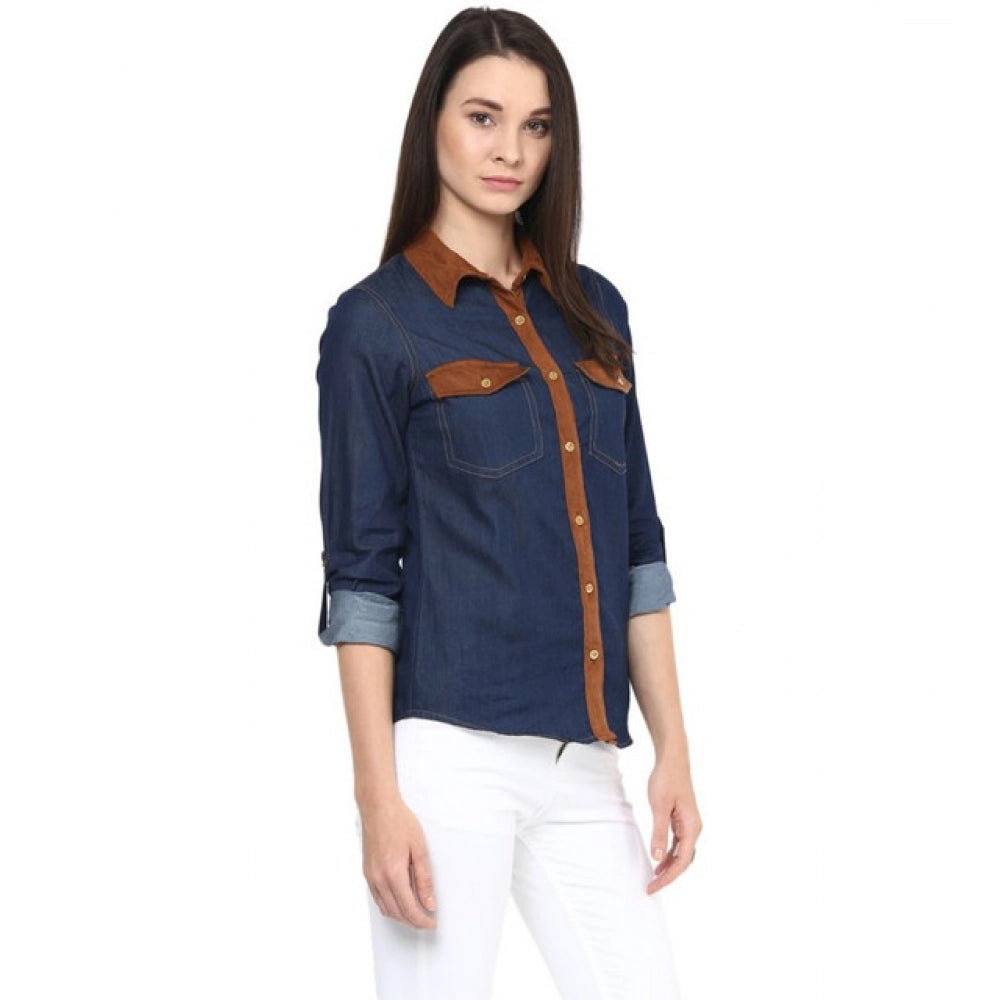 Denim Cotton based Solid Long Sleeves Shirt (Blue)