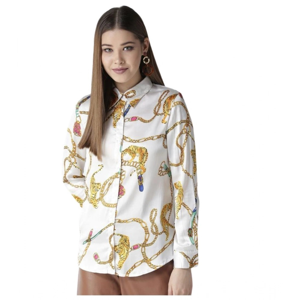 Satin Printed Long Sleeves Shirt (White-Gold)