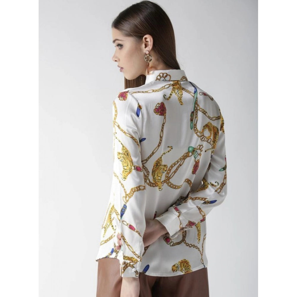 Satin Printed Long Sleeves Shirt (White-Gold)