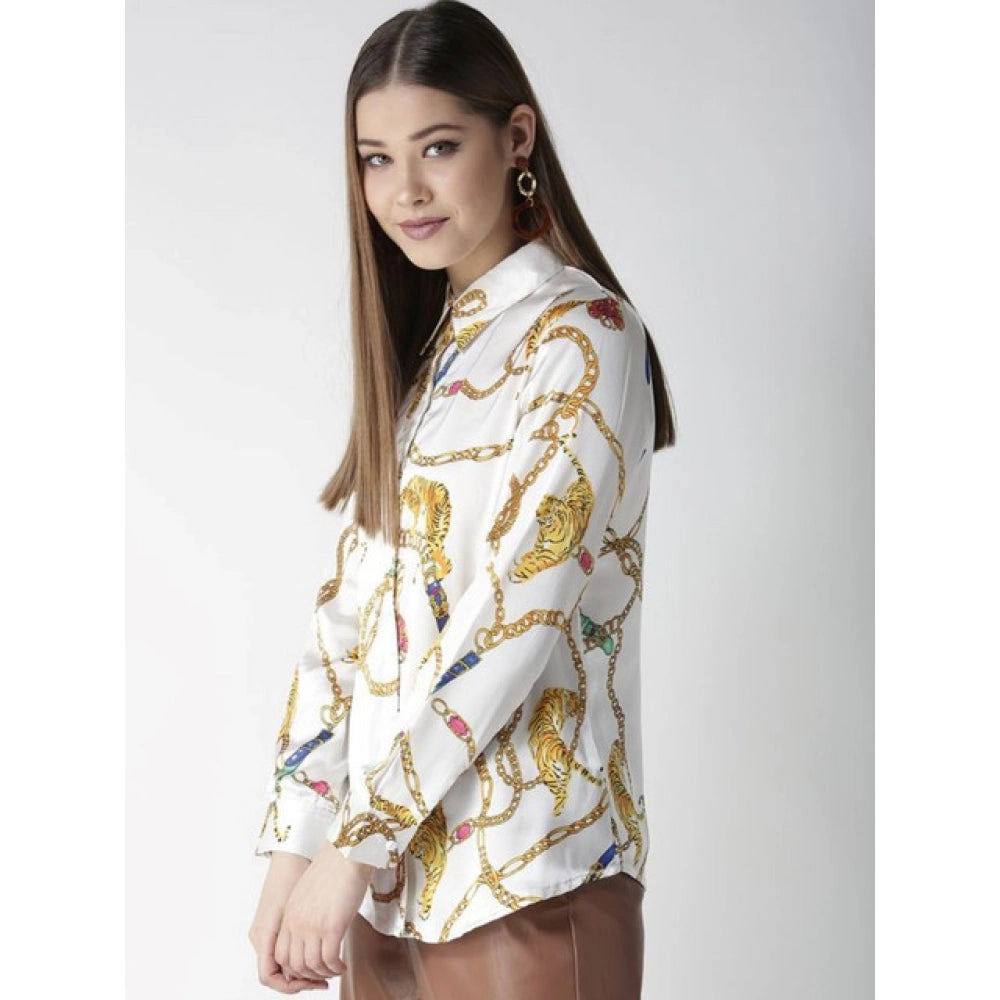 Satin Printed Long Sleeves Shirt (White-Gold)