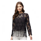 Lace Self Design Short Sleeve Top (Black)