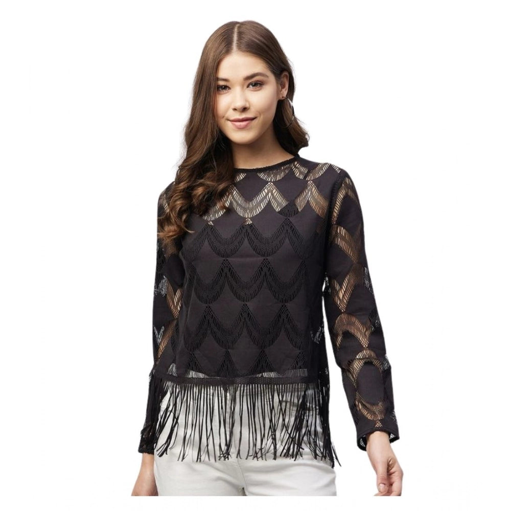Lace Self Design Short Sleeve Top (Black)