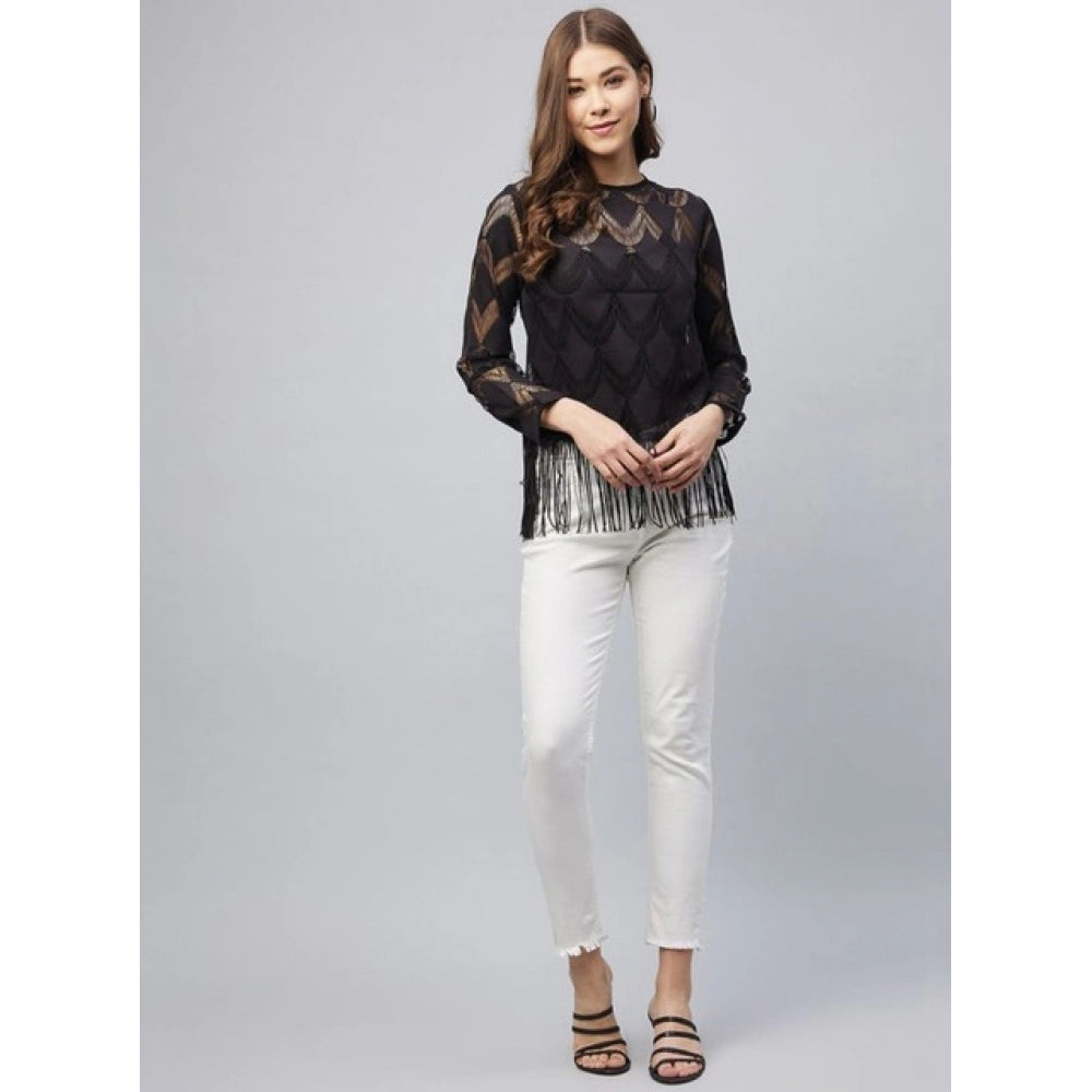 Lace Self Design Short Sleeve Top (Black)