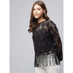 Lace Self Design Short Sleeve Top (Black)