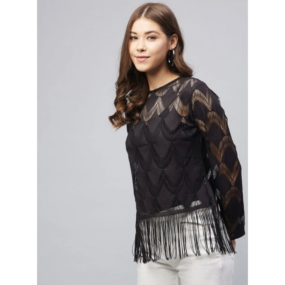 Lace Self Design Short Sleeve Top (Black)