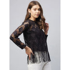 Lace Self Design Short Sleeve Top (Black)