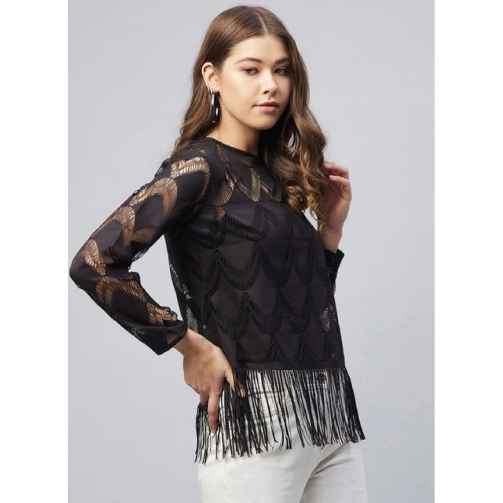 Lace Self Design Short Sleeve Top (Black)