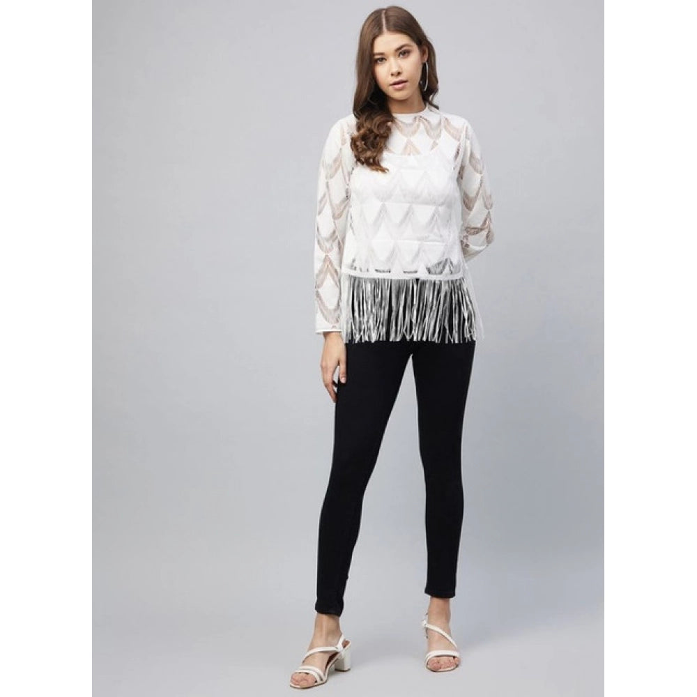 Lace Self Design Short Sleeve Top (White)