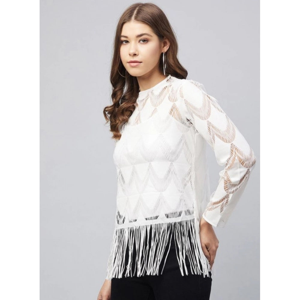 Lace Self Design Short Sleeve Top (White)