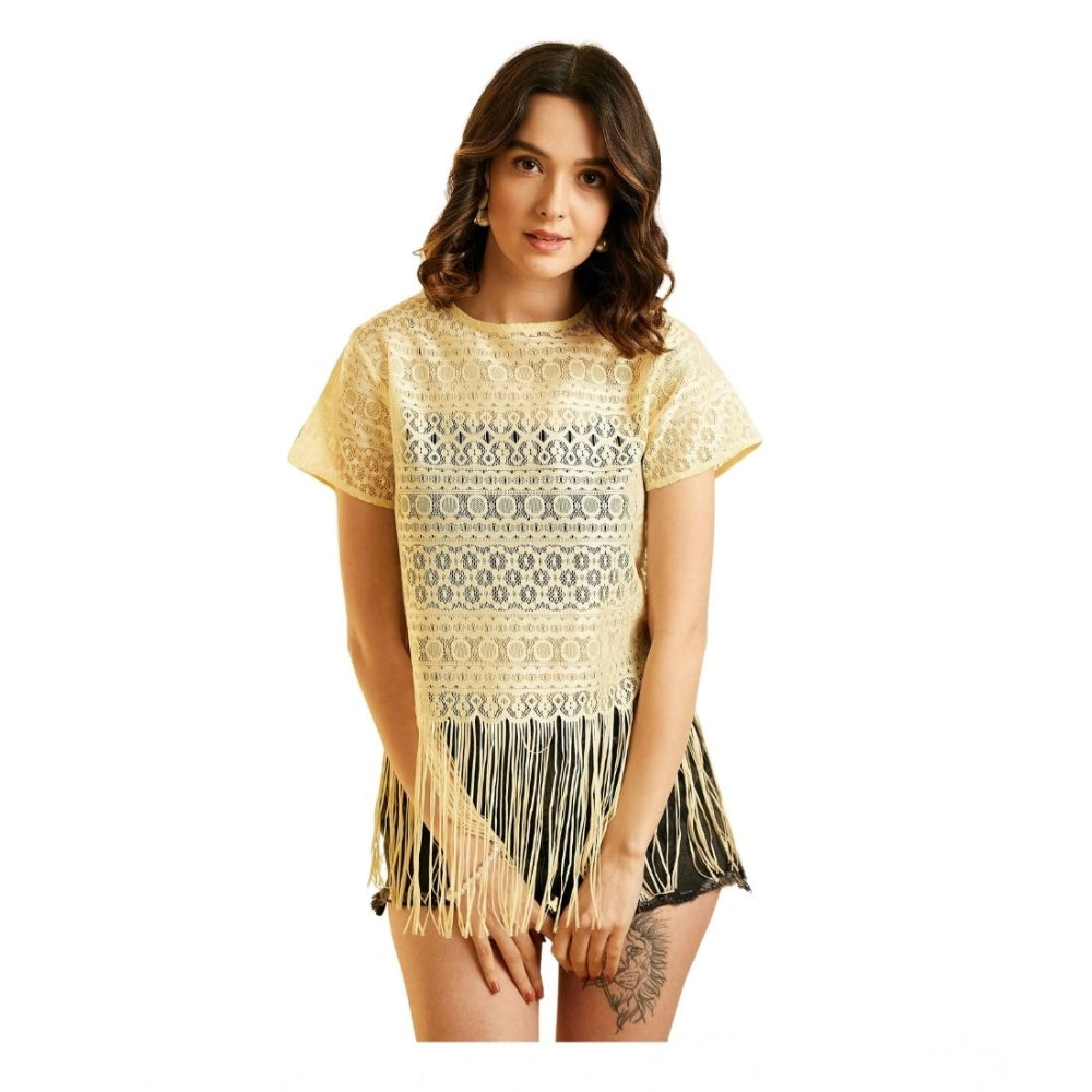 Lace Self Design Short Sleeve Top (Yellow)
