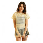 Lace Self Design Short Sleeve Top (Yellow)