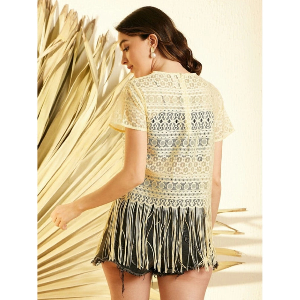 Lace Self Design Short Sleeve Top (Yellow)