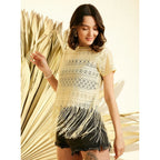 Lace Self Design Short Sleeve Top (Yellow)