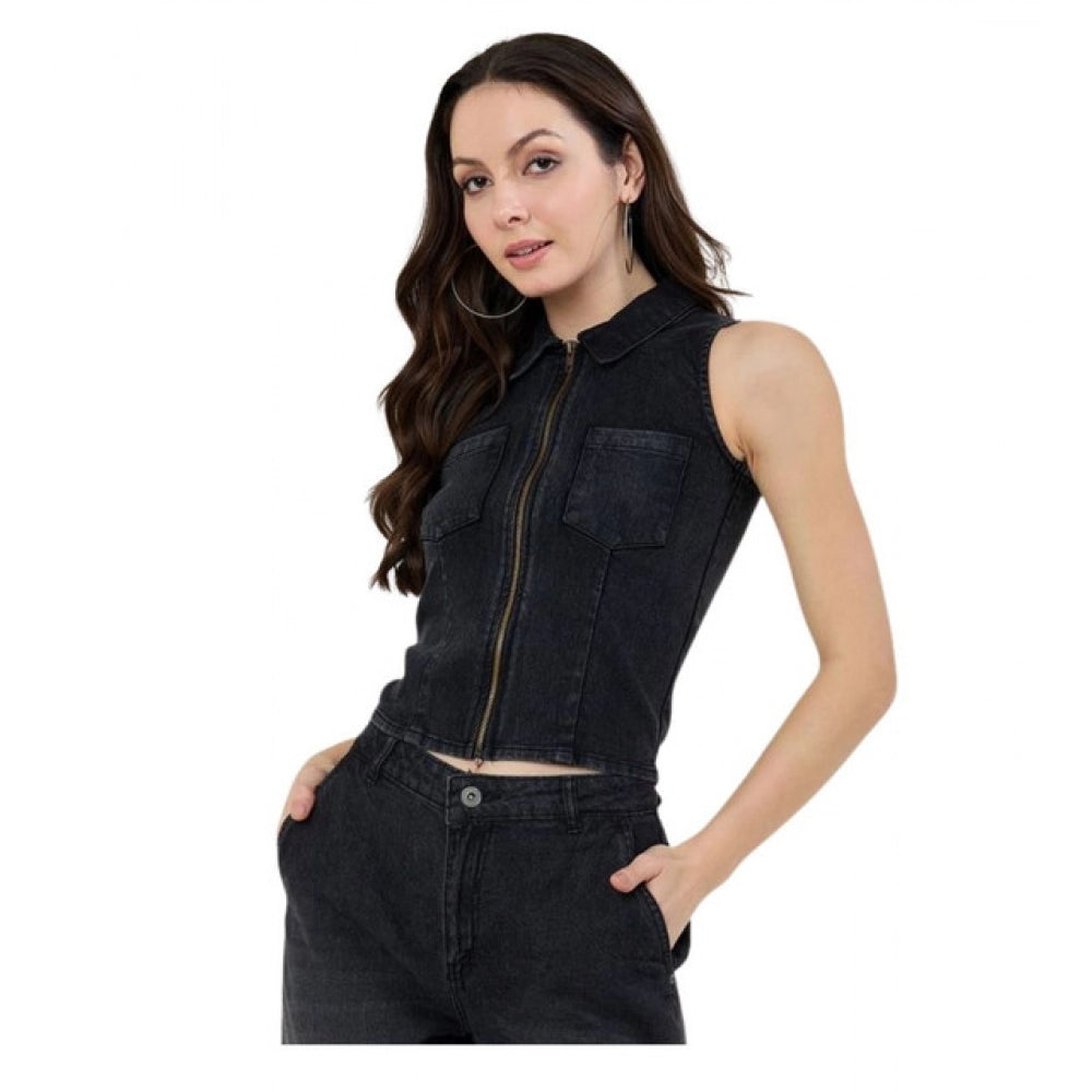 Denim Lycra Solid Sleeveless Top (Black)