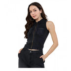 Denim Lycra Solid Sleeveless Top (Black)