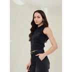 Denim Lycra Solid Sleeveless Top (Black)