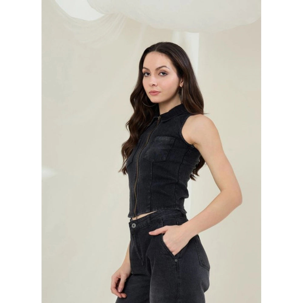 Denim Lycra Solid Sleeveless Top (Black)