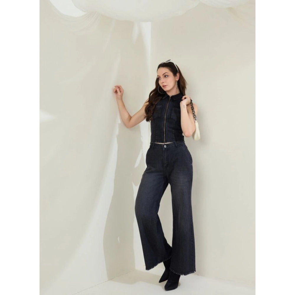 Denim Lycra Solid Sleeveless Top (Black)