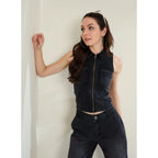 Denim Lycra Solid Sleeveless Top (Black)