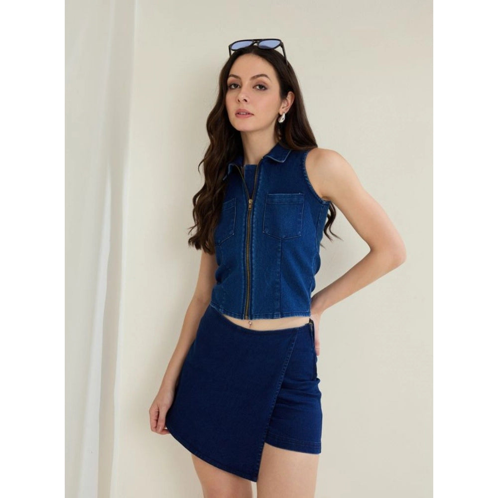 Denim Lycra Solid Sleeveless Top (Blue)