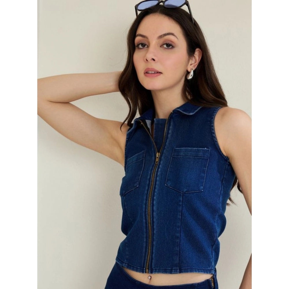 Denim Lycra Solid Sleeveless Top (Blue)