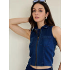 Denim Lycra Solid Sleeveless Top (Blue)